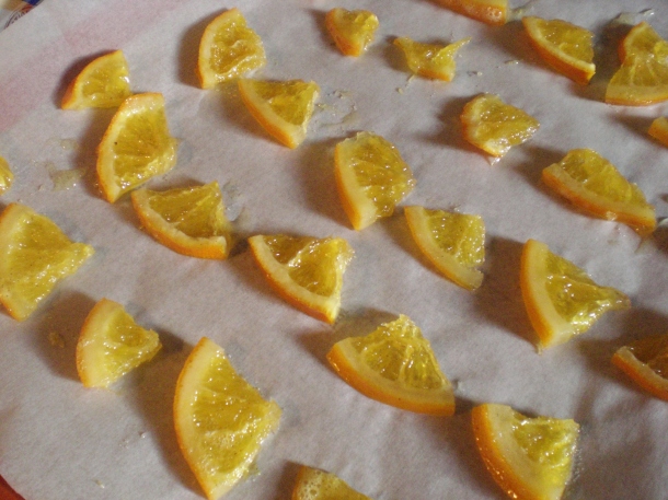 Candied orange ready to dry